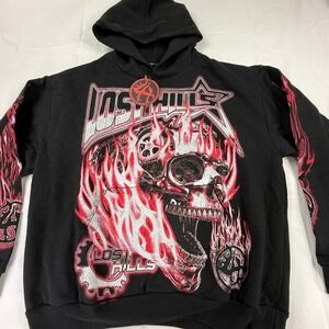 Lost Hills Black Flaming Skull Graphic Hoodie Mens XL Made in USA Streetwear